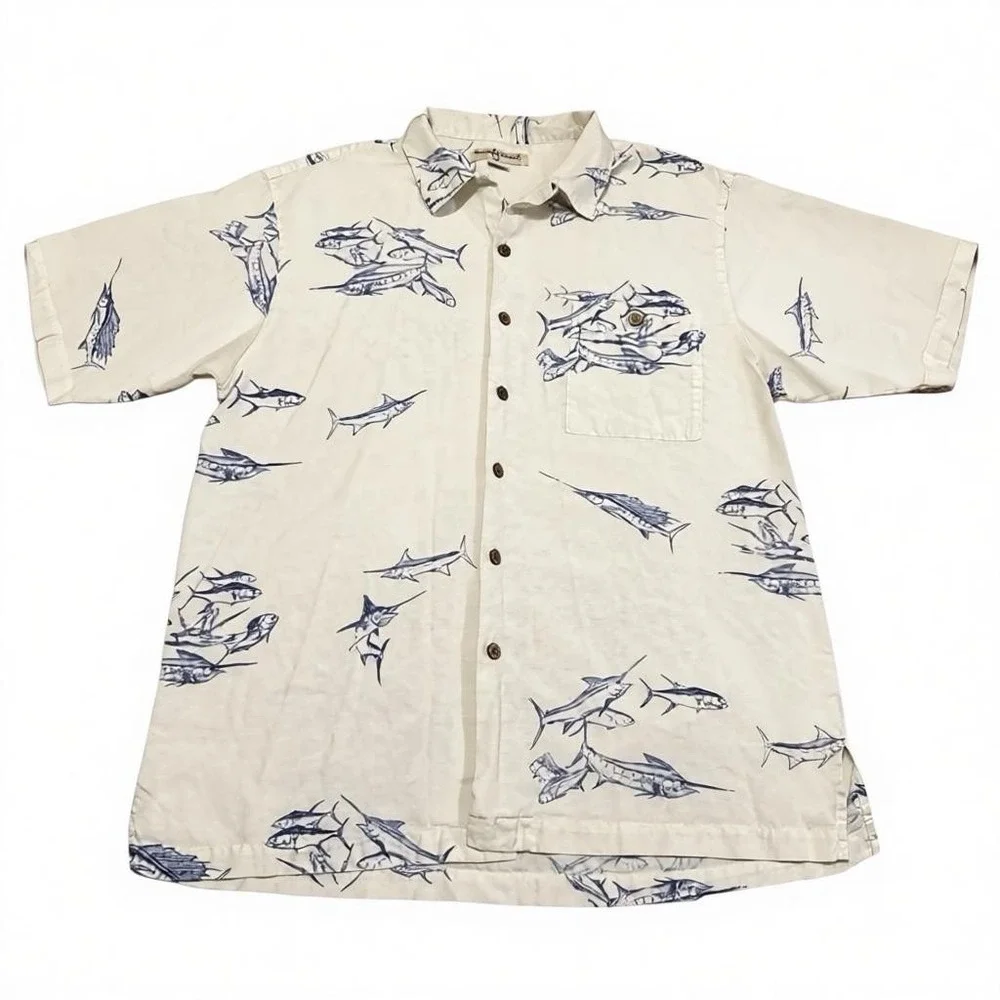 Vintage Hook‎ & Tackle Marlin Fishing Shirt Men's L Silk Cotton Blend